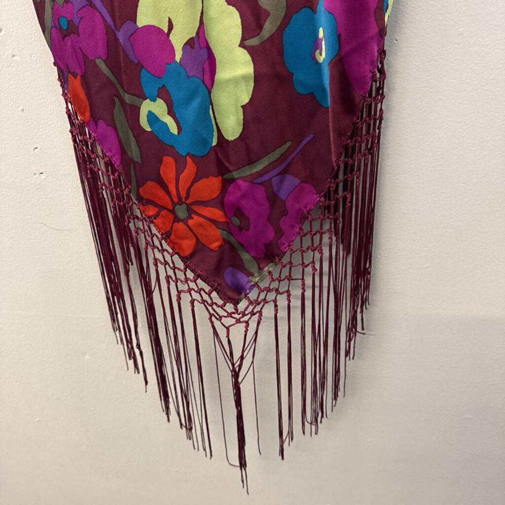 Ideology Y2K Purple/ Multi Print 100% Silk Midi Skirt/ Fringe Top Set Small