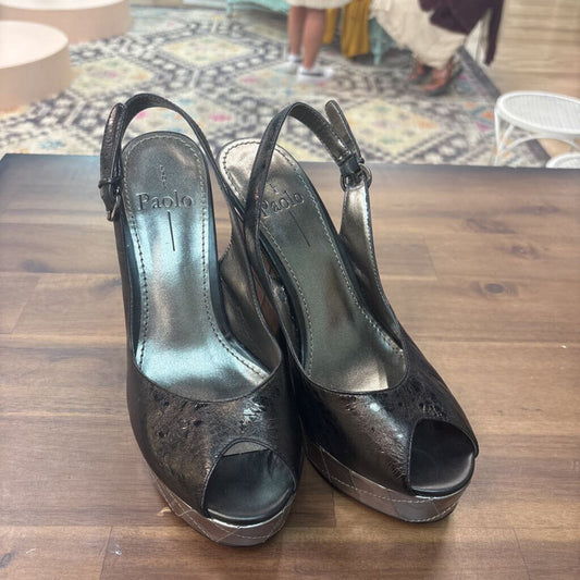 Linea Paola Black/ Silver Peep Toe Platform Slingback Heels 7.5