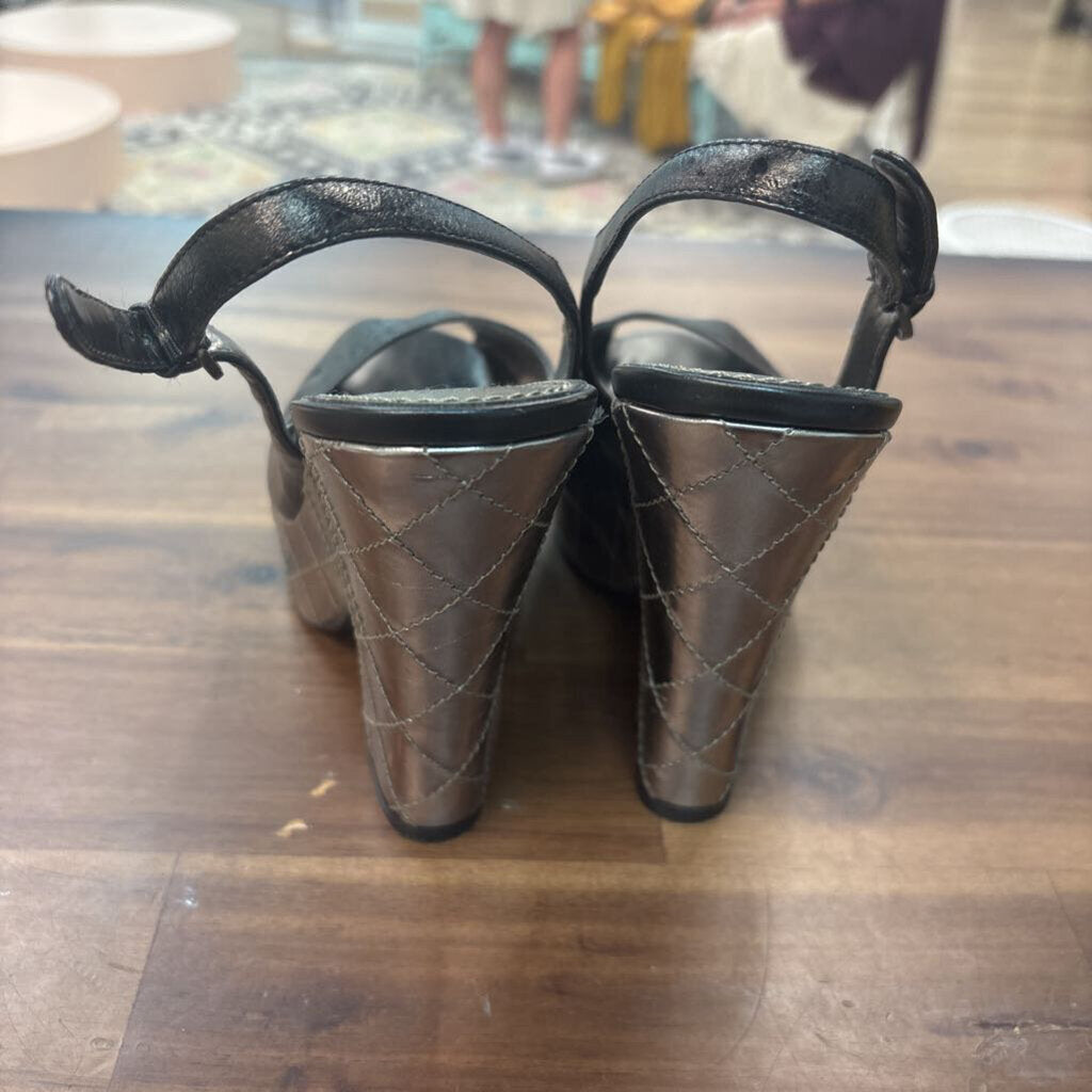 Linea Paola Black/ Silver Peep Toe Platform Slingback Heels 7.5