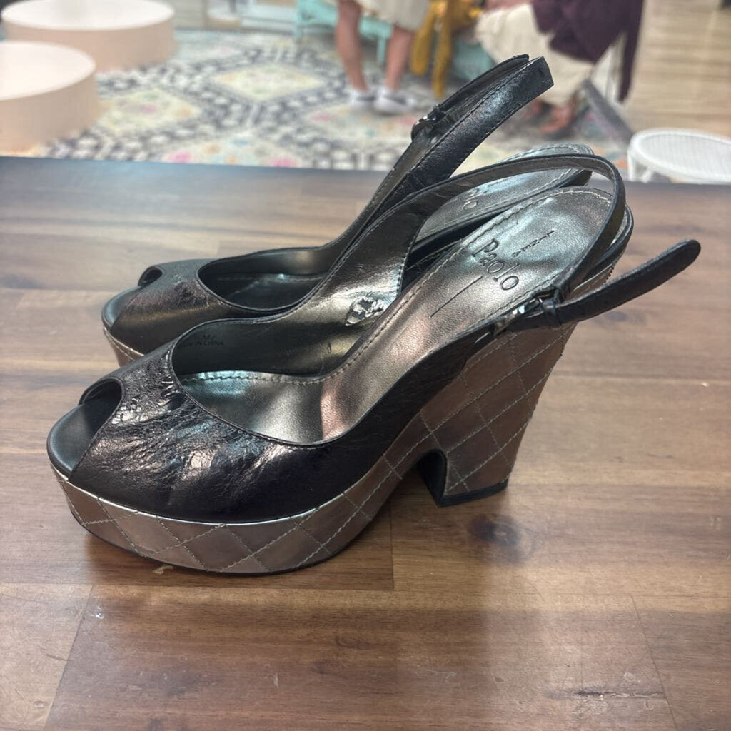Linea Paola Black/ Silver Peep Toe Platform Slingback Heels 7.5