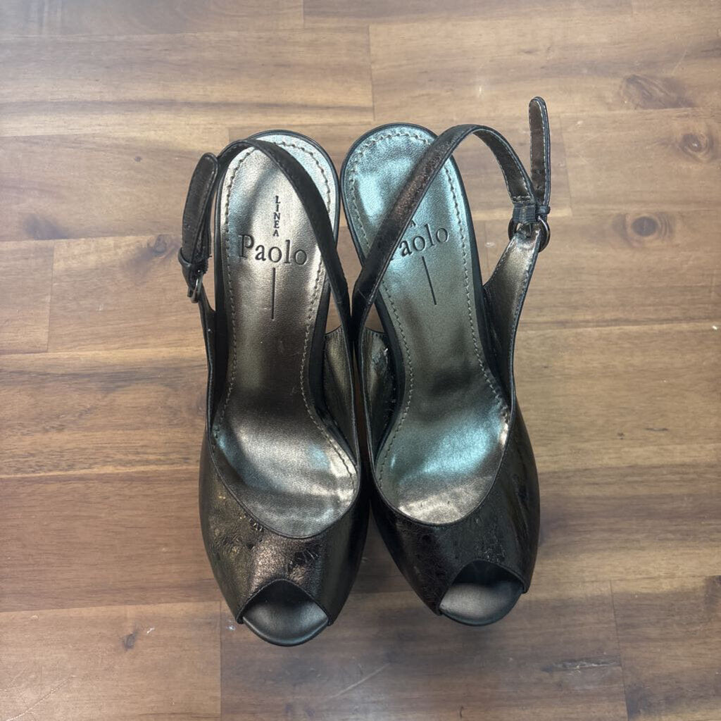 Linea Paola Black/ Silver Peep Toe Platform Slingback Heels 7.5