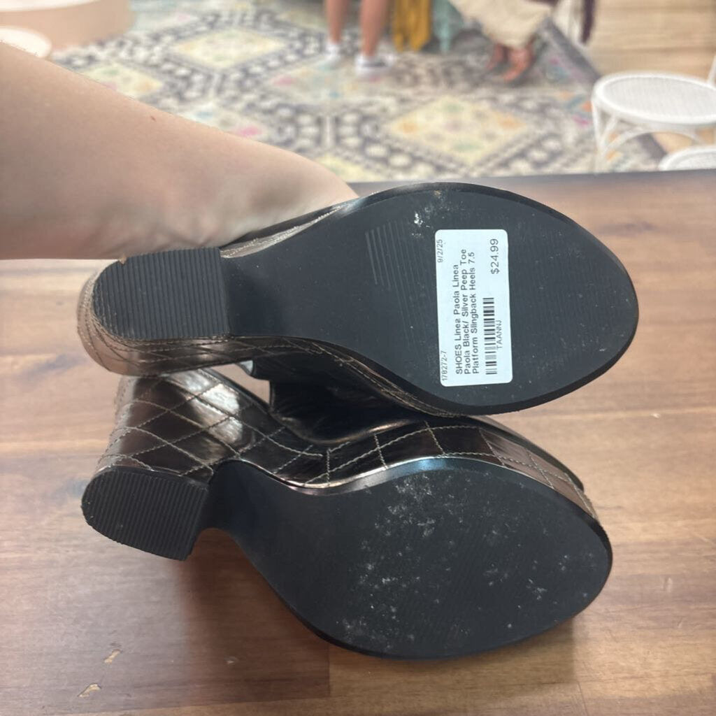 Linea Paola Black/ Silver Peep Toe Platform Slingback Heels 7.5