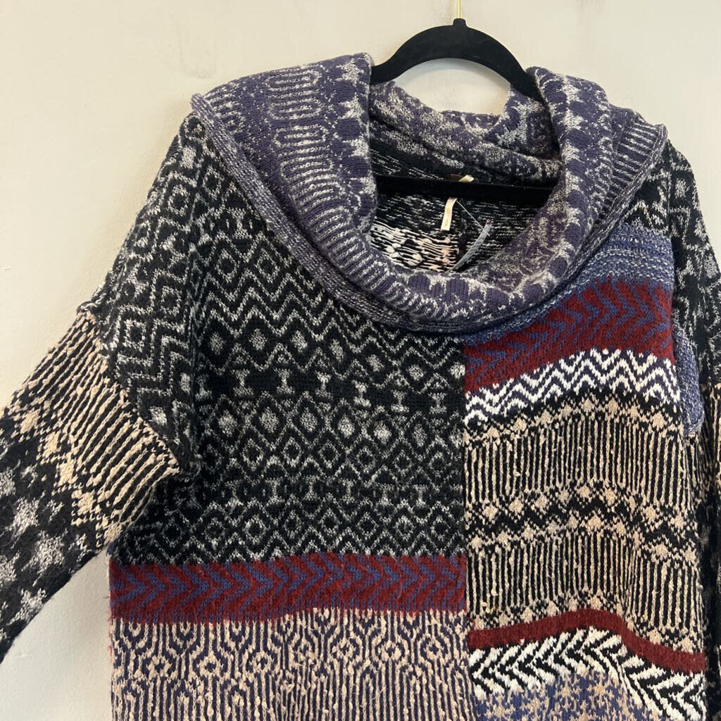 Free People Black/ Multi Print Turtleneck Sweater Small