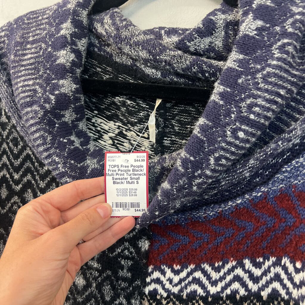 Free People Black/ Multi Print Turtleneck Sweater Small