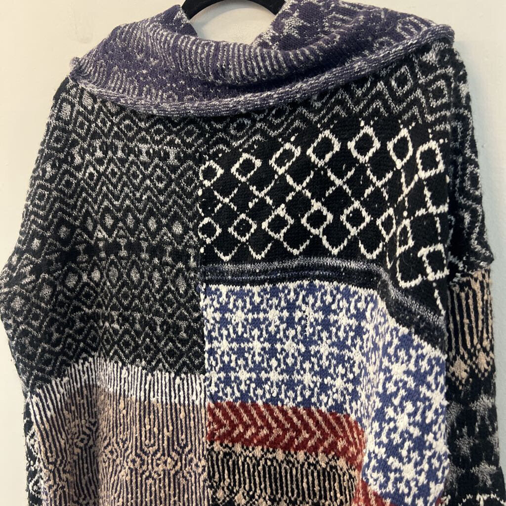Free People Black/ Multi Print Turtleneck Sweater Small