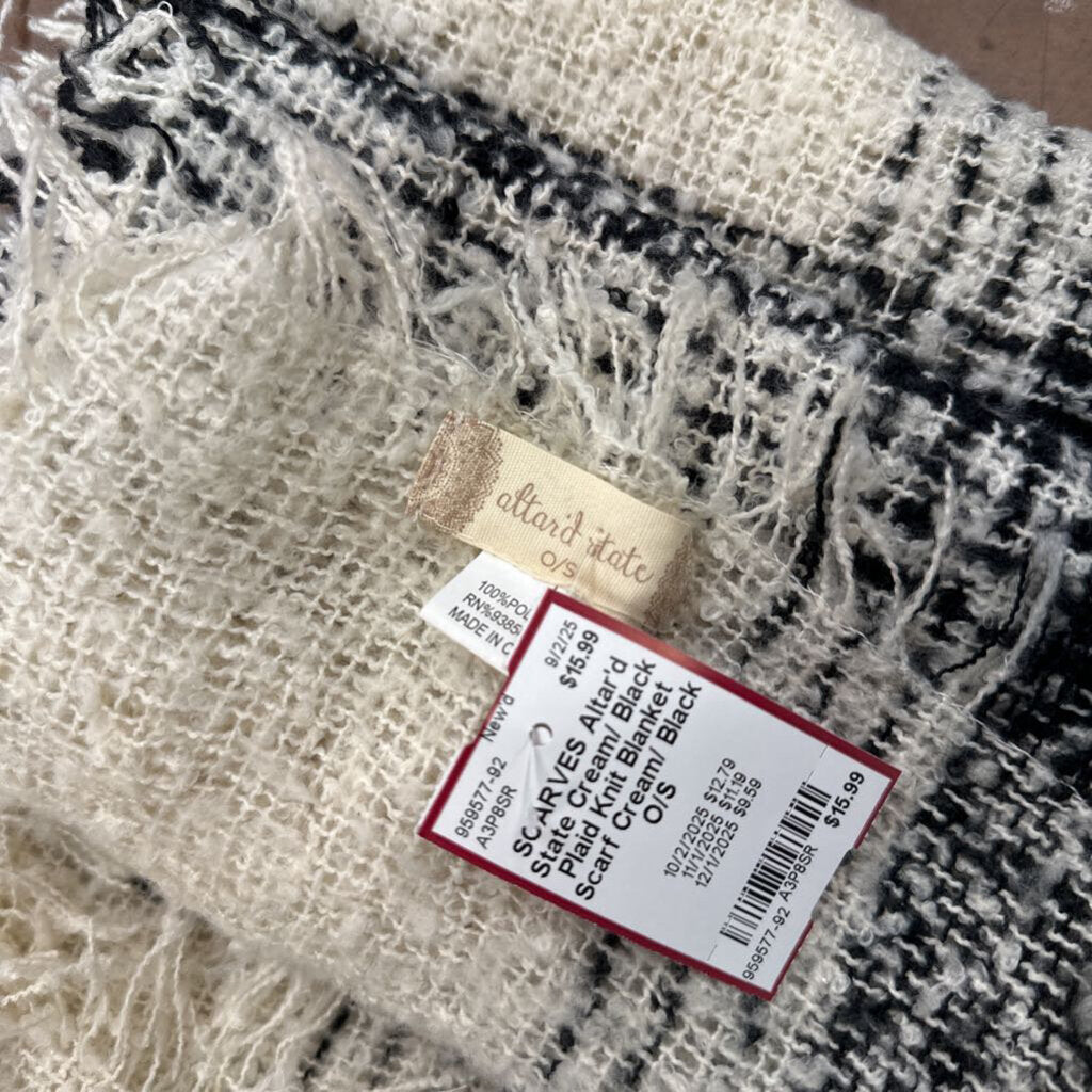 Cream/ Black Plaid Knit Blanket Scarf