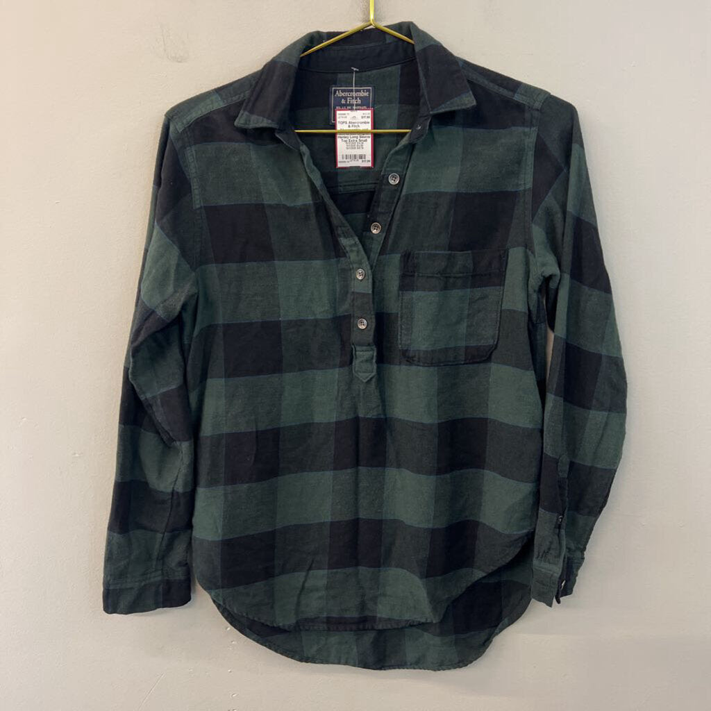 Abercrombie and Fitch Green Gingham Henley Long Sleeve Top Extra Small