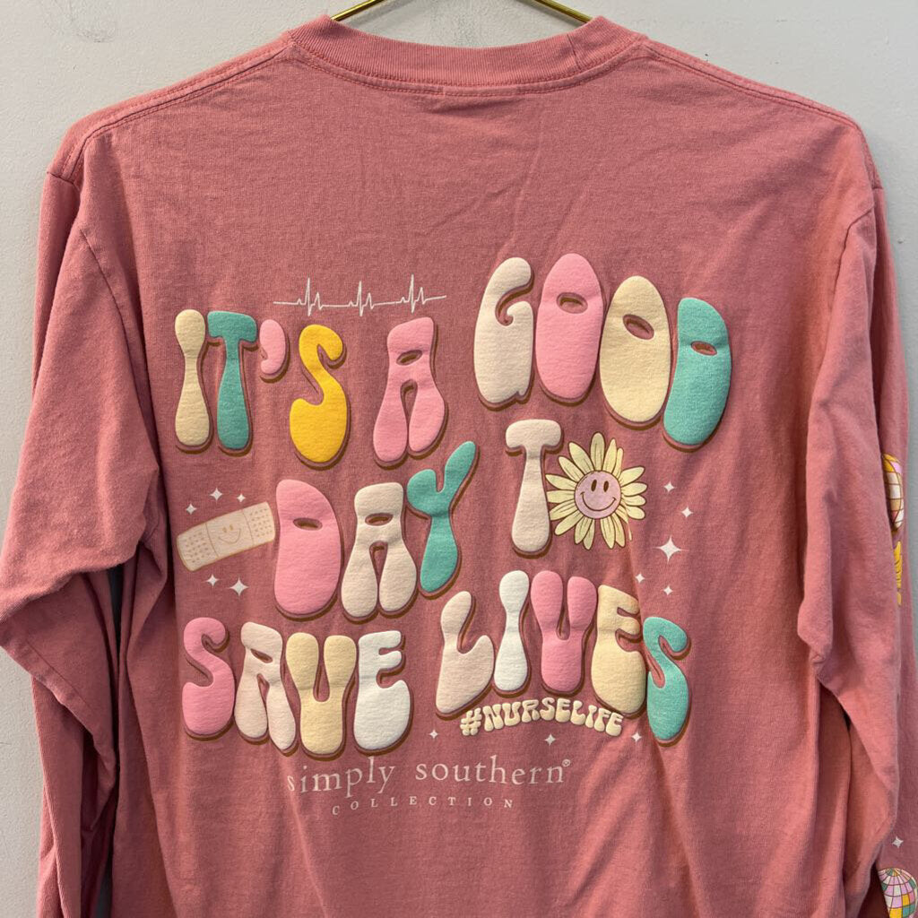 Simply Southern Pink Nurse Life Long Sleeve Graphic Tee Medium