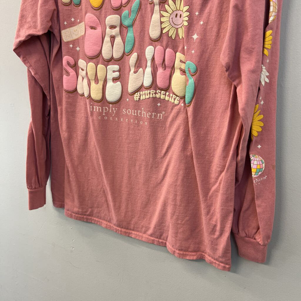 Simply Southern Pink Nurse Life Long Sleeve Graphic Tee Medium