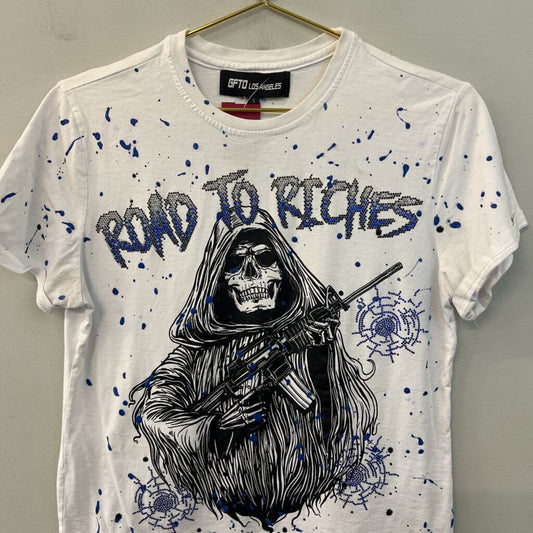 GFTD Los Angeles White/ Black Road To Riches Embellished Short Sleeve Graphic Tee Small