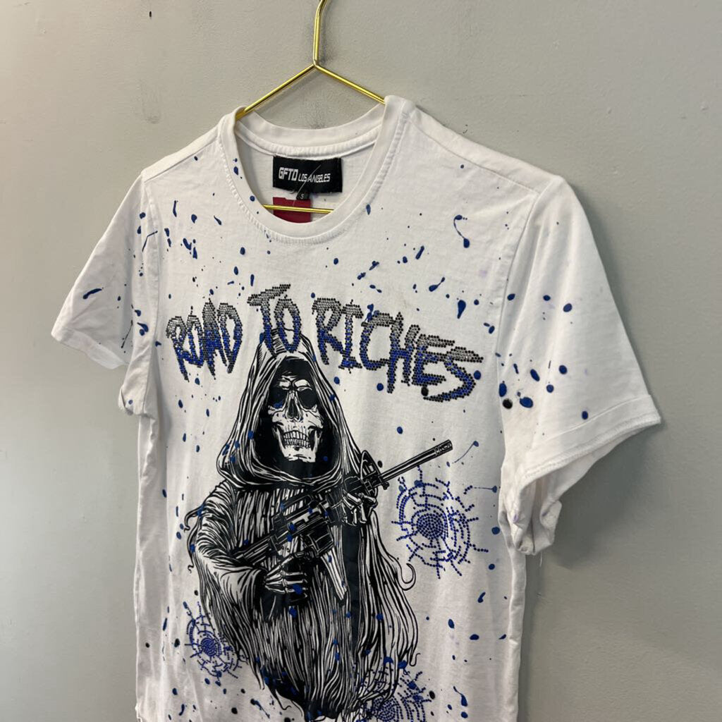 GFTD Los Angeles White/ Black Road To Riches Embellished Short Sleeve Graphic Tee Small