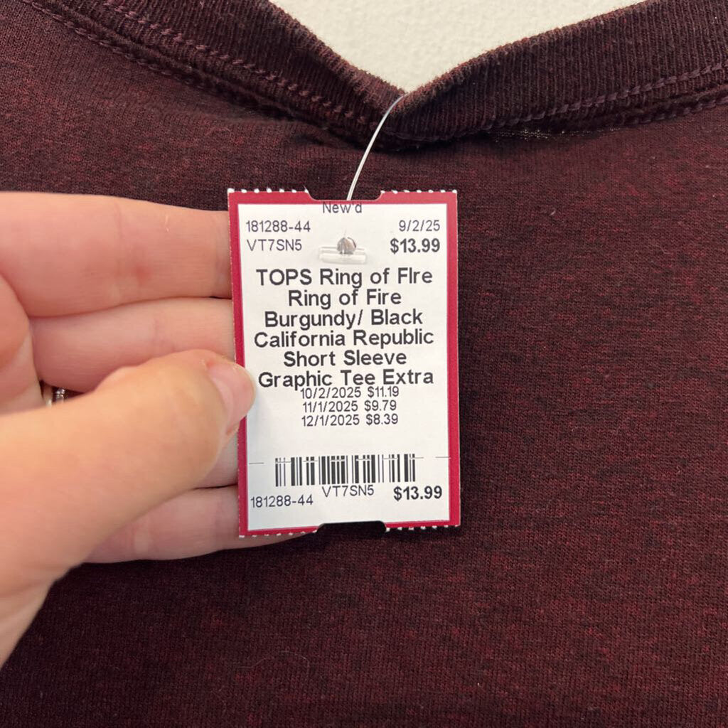 Ring of Fire Burgundy/ Black California Republic Short Sleeve Graphic Tee Extra Large