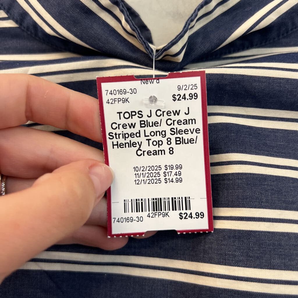 J Crew Blue/ Cream Striped Long Sleeve Henley Top 8