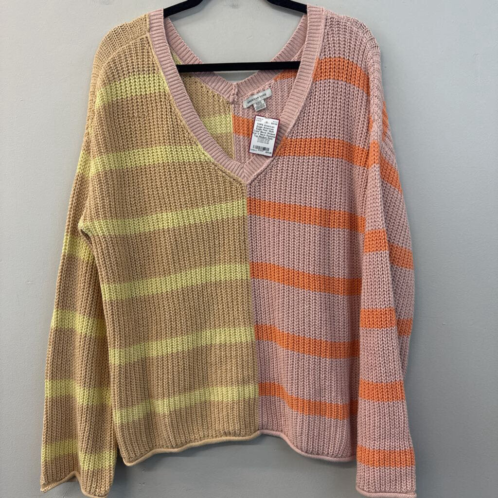 American Eagle Pink/ Multi Color Block Striped Knit V Neck Sweater Top Medium