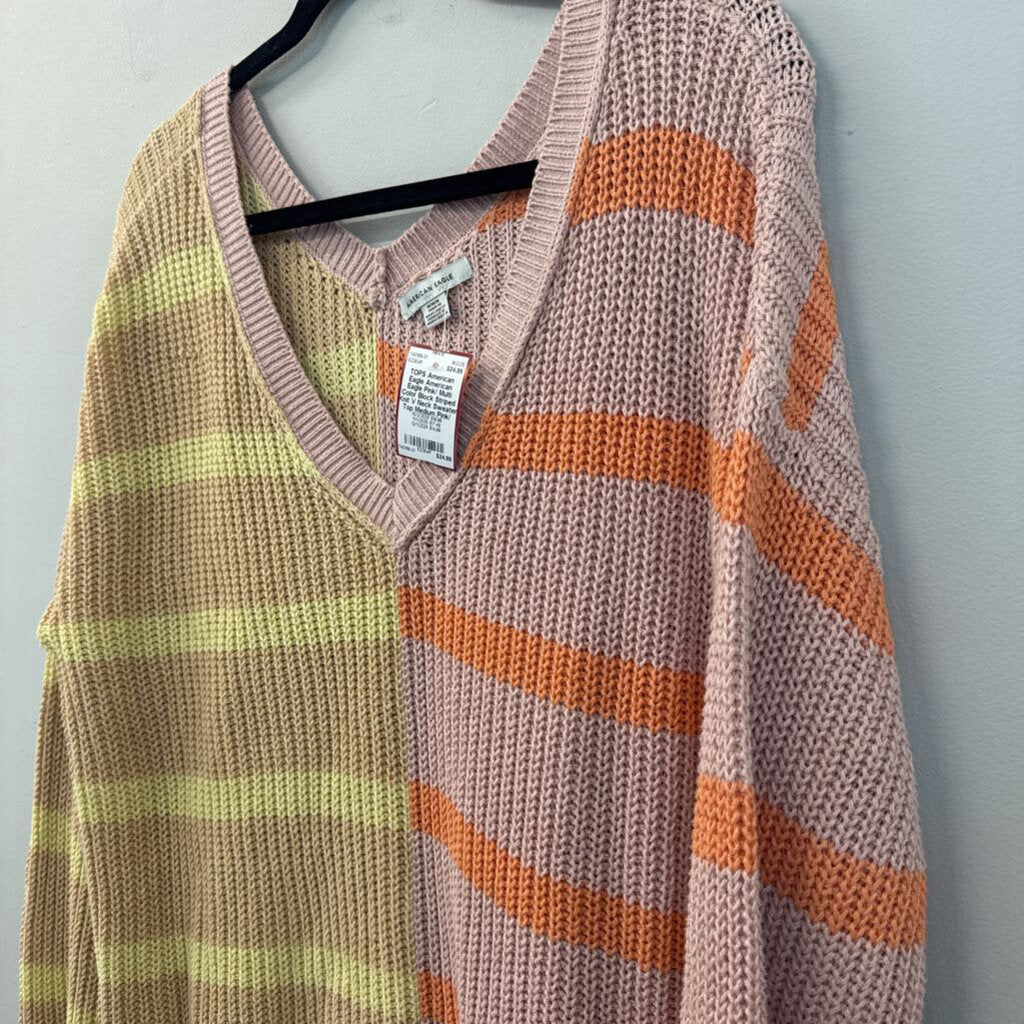 American Eagle Pink/ Multi Color Block Striped Knit V Neck Sweater Top Medium