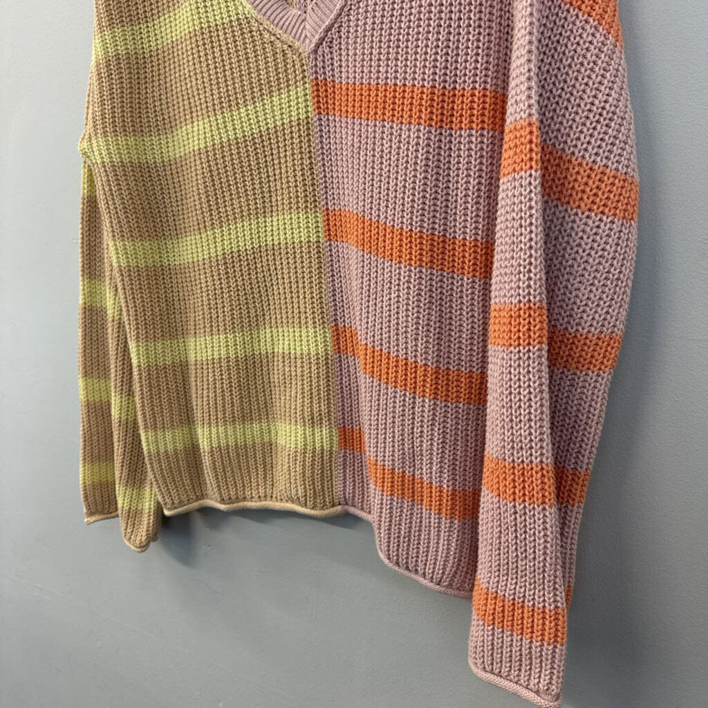 American Eagle Pink/ Multi Color Block Striped Knit V Neck Sweater Top Medium