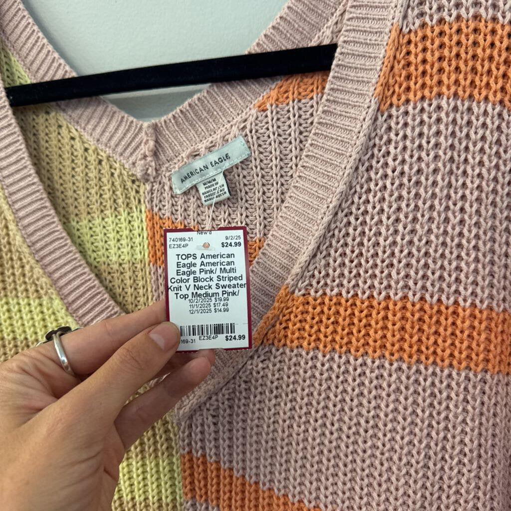 American Eagle Pink/ Multi Color Block Striped Knit V Neck Sweater Top Medium