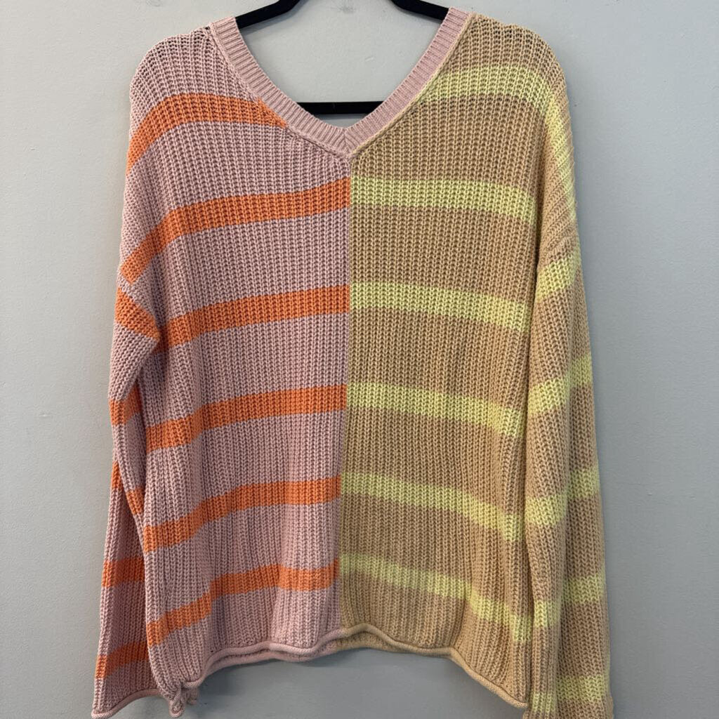 American Eagle Pink/ Multi Color Block Striped Knit V Neck Sweater Top Medium