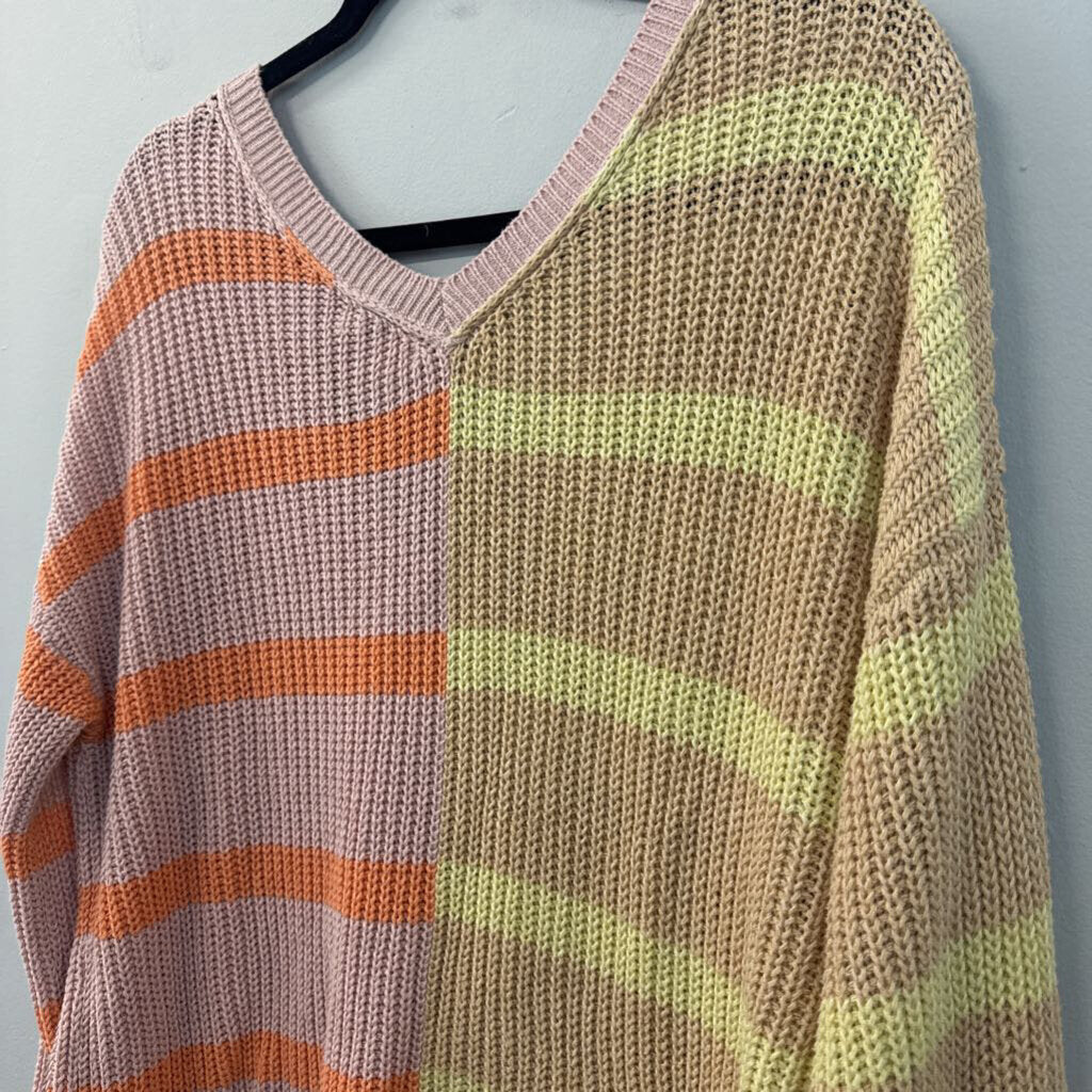 American Eagle Pink/ Multi Color Block Striped Knit V Neck Sweater Top Medium