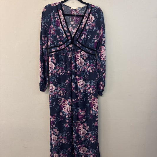 Altar'd State Navy/ Purple Flower Print Long Sleeve Maxi Dress Medium