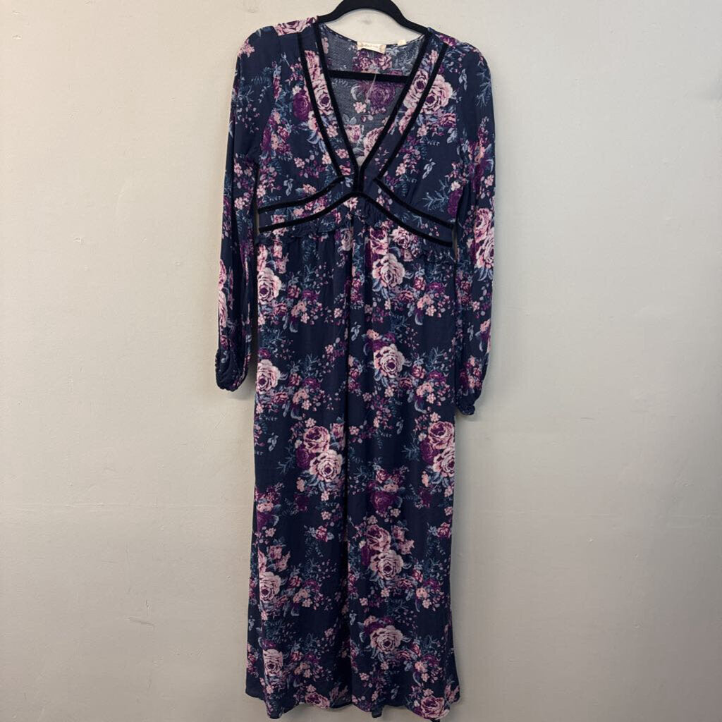 Altar'd State Navy/ Purple Flower Print Long Sleeve Maxi Dress Medium