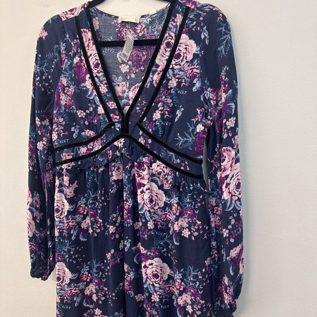 Altar'd State Navy/ Purple Flower Print Long Sleeve Maxi Dress Medium