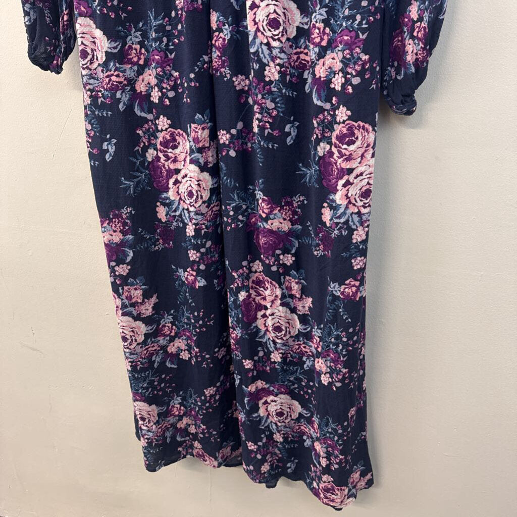 Altar'd State Navy/ Purple Flower Print Long Sleeve Maxi Dress Medium