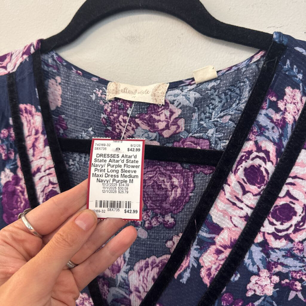 Altar'd State Navy/ Purple Flower Print Long Sleeve Maxi Dress Medium