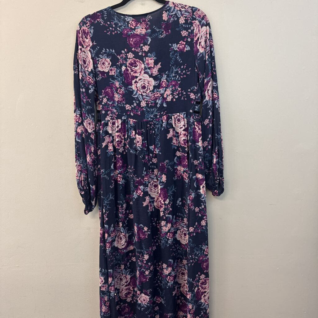 Altar'd State Navy/ Purple Flower Print Long Sleeve Maxi Dress Medium