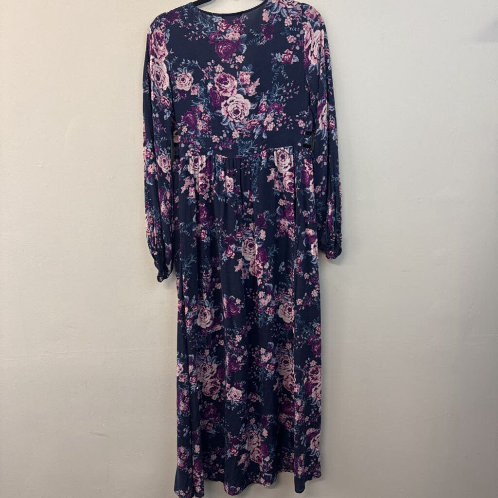 Altar'd State Navy/ Purple Flower Print Long Sleeve Maxi Dress Medium