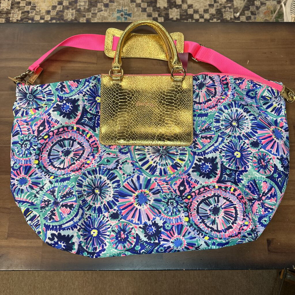 Lilly Pulitzer Pink/ Blue/ Gold Print Packable Escape Weekender Bag