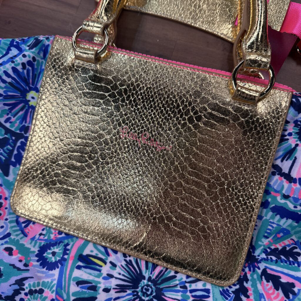 Lilly Pulitzer Pink/ Blue/ Gold Print Packable Escape Weekender Bag