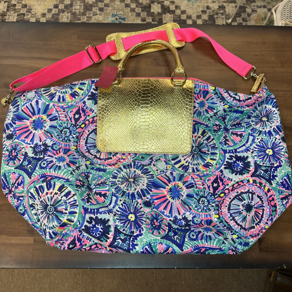 Lilly Pulitzer Pink/ Blue/ Gold Print Packable Escape Weekender Bag