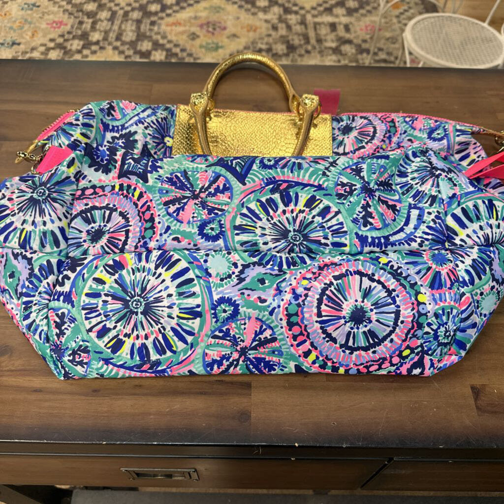 Lilly Pulitzer Pink/ Blue/ Gold Print Packable Escape Weekender Bag