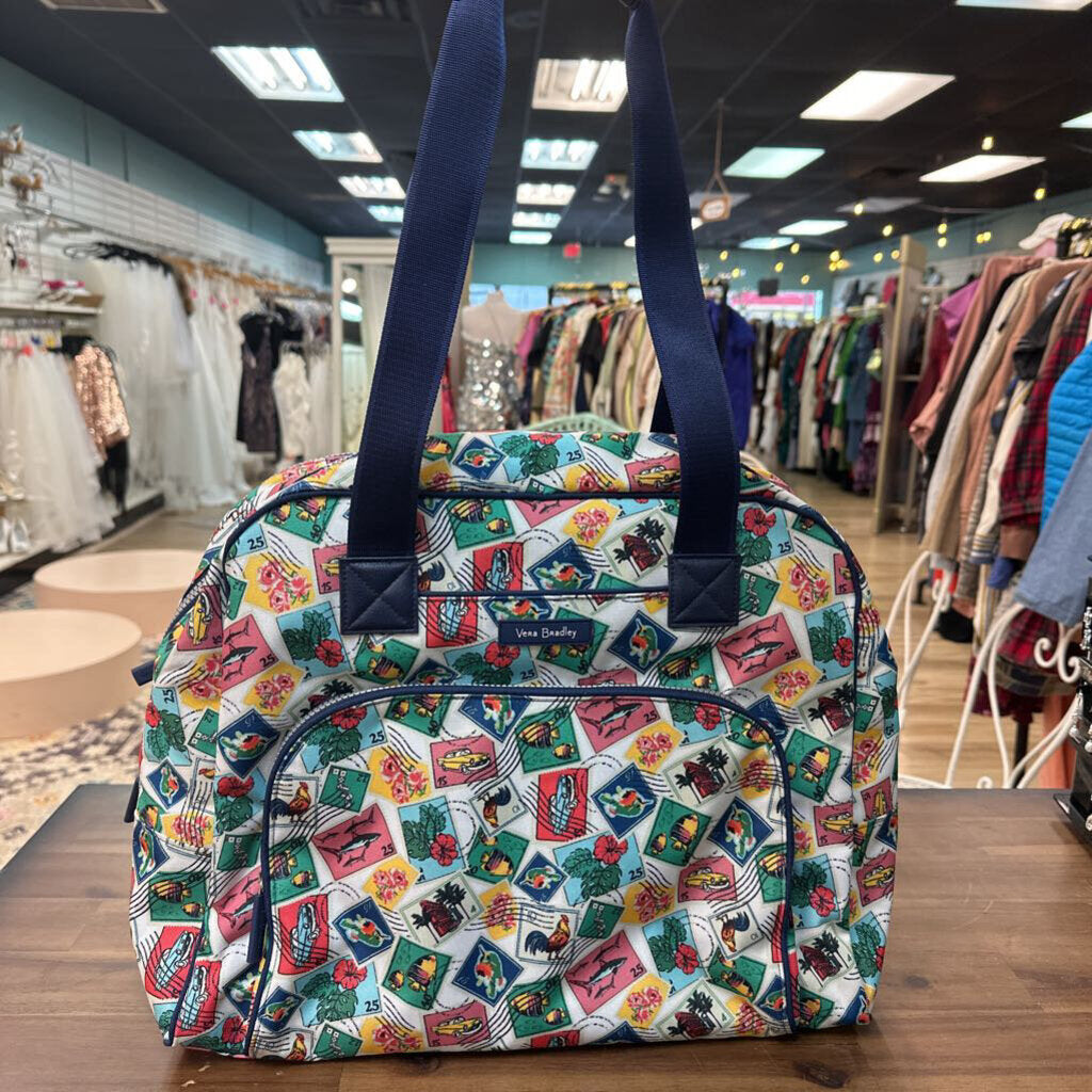 Vera Bradley White/ Blue/ Multi Cuban Stamps Weekender Carry On Bag