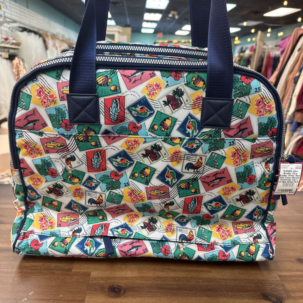 Vera Bradley White/ Blue/ Multi Cuban Stamps Weekender Carry On Bag