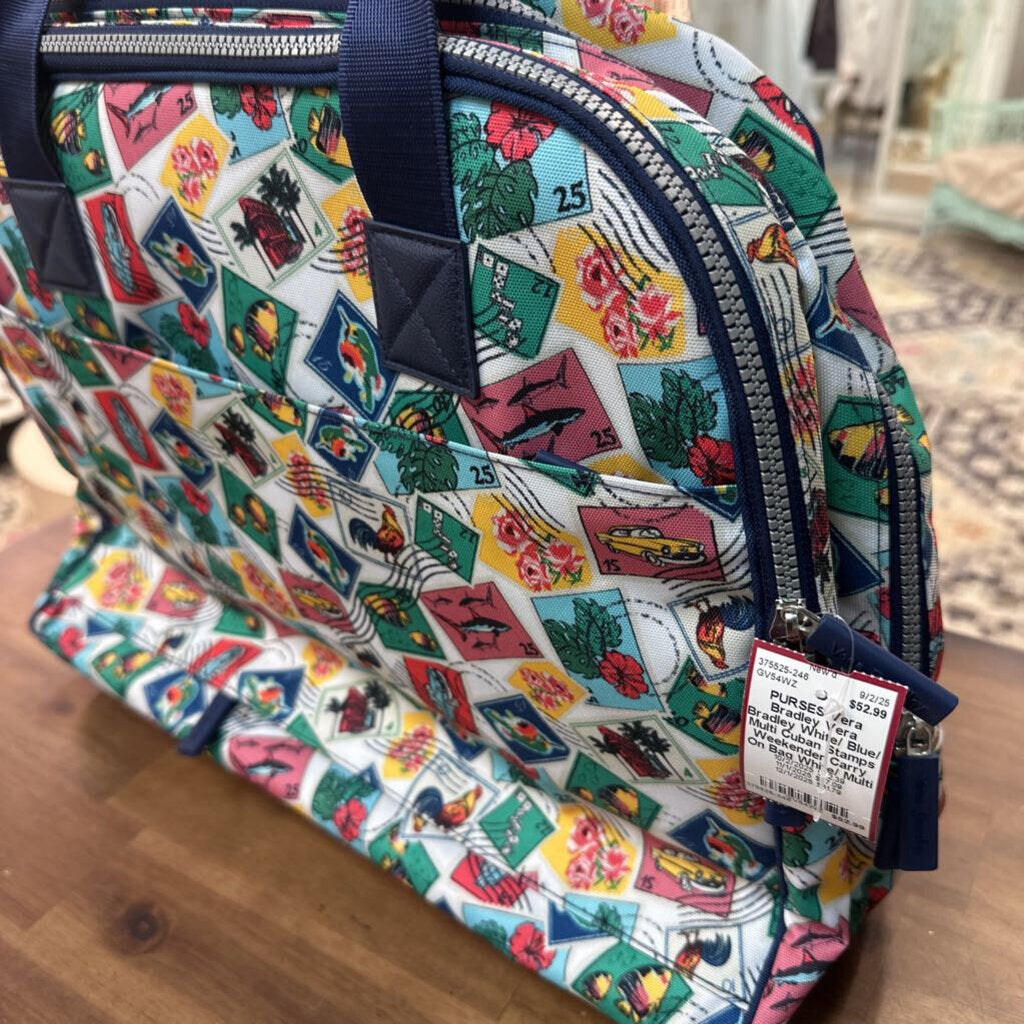 Vera Bradley White/ Blue/ Multi Cuban Stamps Weekender Carry On Bag