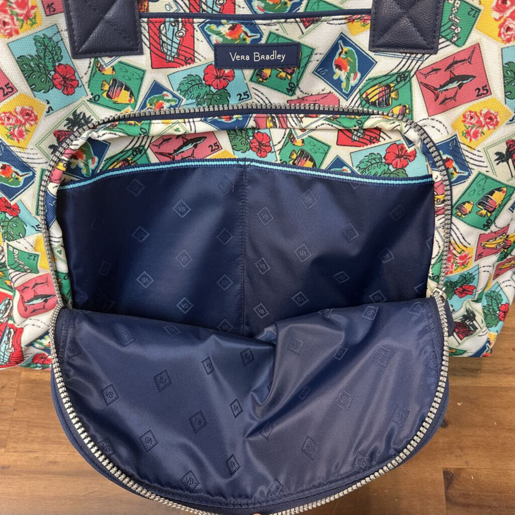 Vera Bradley White/ Blue/ Multi Cuban Stamps Weekender Carry On Bag