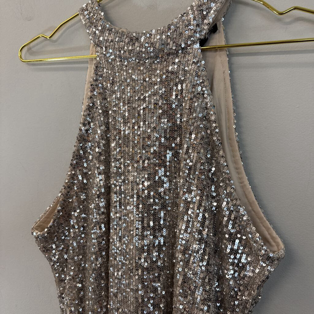 Cable and Gauge Beige/ Silver Sequin High Neck Tank Top Medium