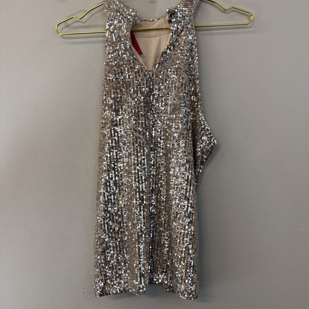 Cable and Gauge Beige/ Silver Sequin High Neck Tank Top Medium