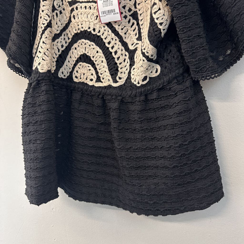 Sarah Hann Black/ Beige Textured Short Puff Sleeve Top Small