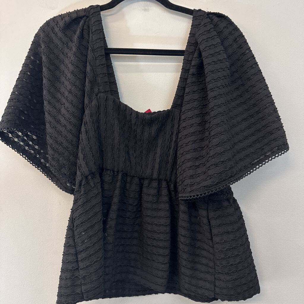 Sarah Hann Black/ Beige Textured Short Puff Sleeve Top Small