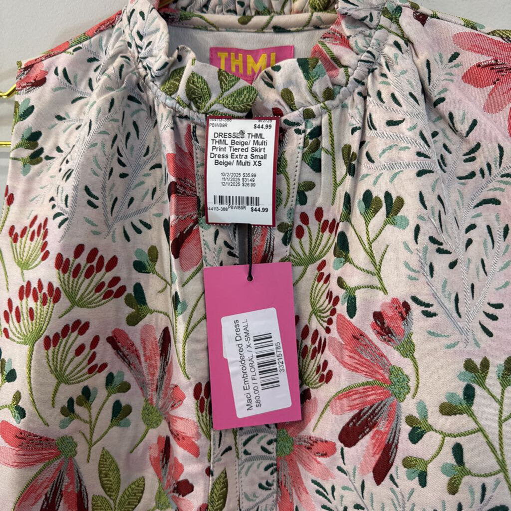 THML Beige/ Multi Print Tiered Skirt Dress Extra Small