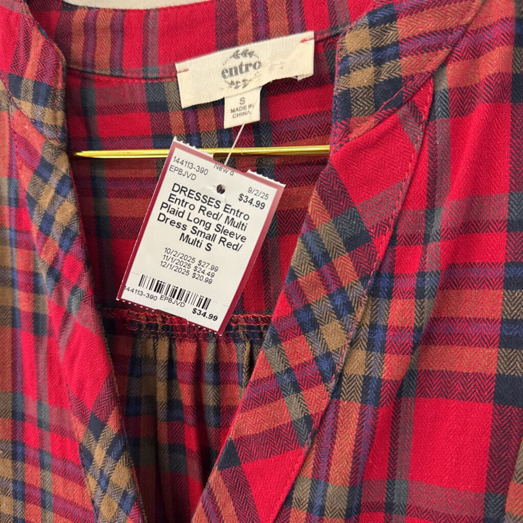 Entro Red/ Multi Plaid Long Sleeve Dress Small