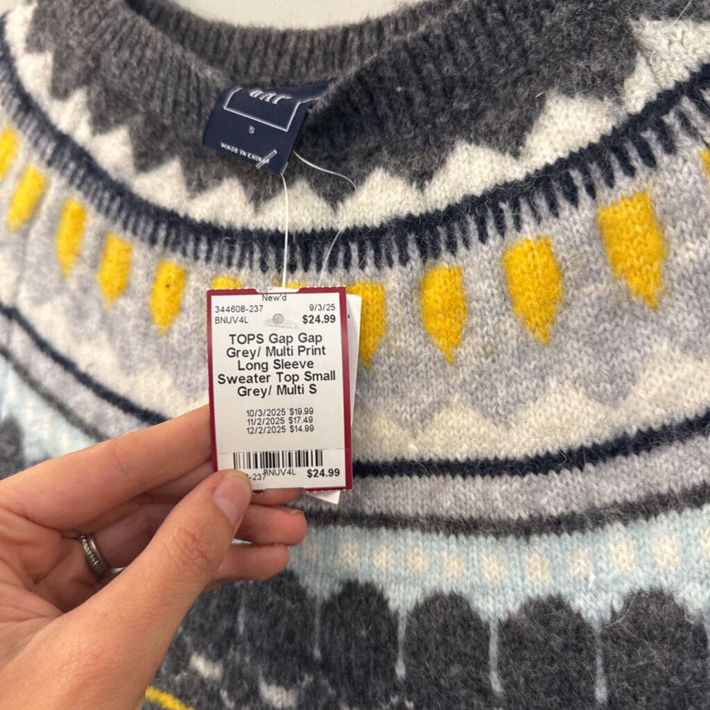 Gap Grey/ Multi Print Long Sleeve Sweater Top Small
