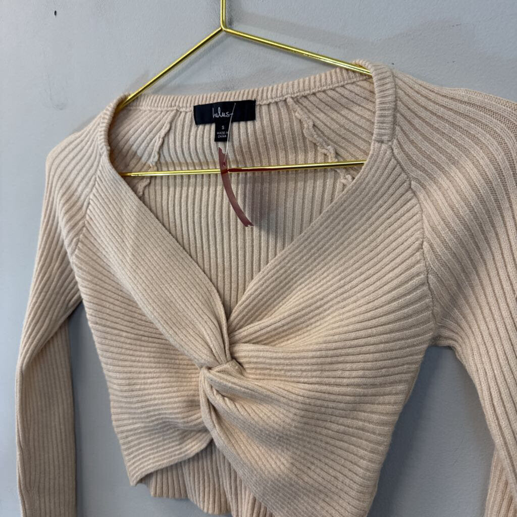 Lulus Beige Ribbed Cropped Long Sleeve Top Small