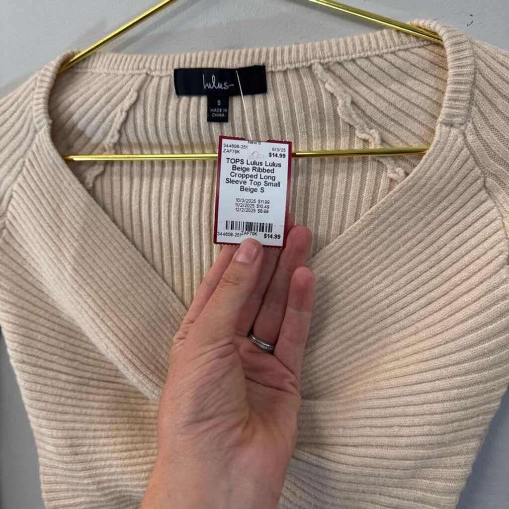 Lulus Beige Ribbed Cropped Long Sleeve Top Small