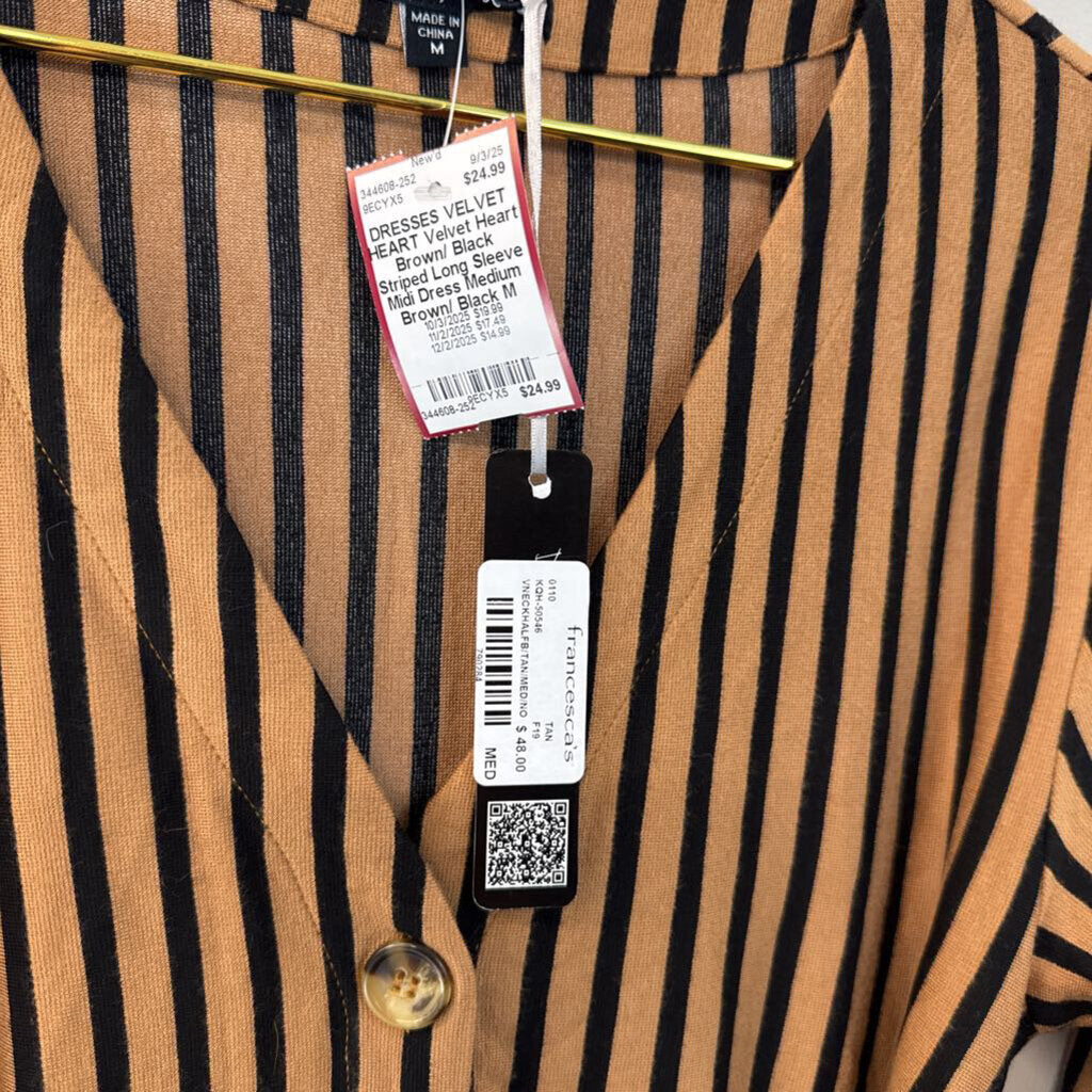 Velvet Heart Brown/ Black Striped Long Sleeve Midi Dress Medium