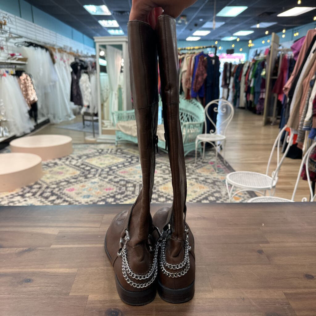 Ralph Lauren Brown Tall Riding Boots with Silver Chain 9