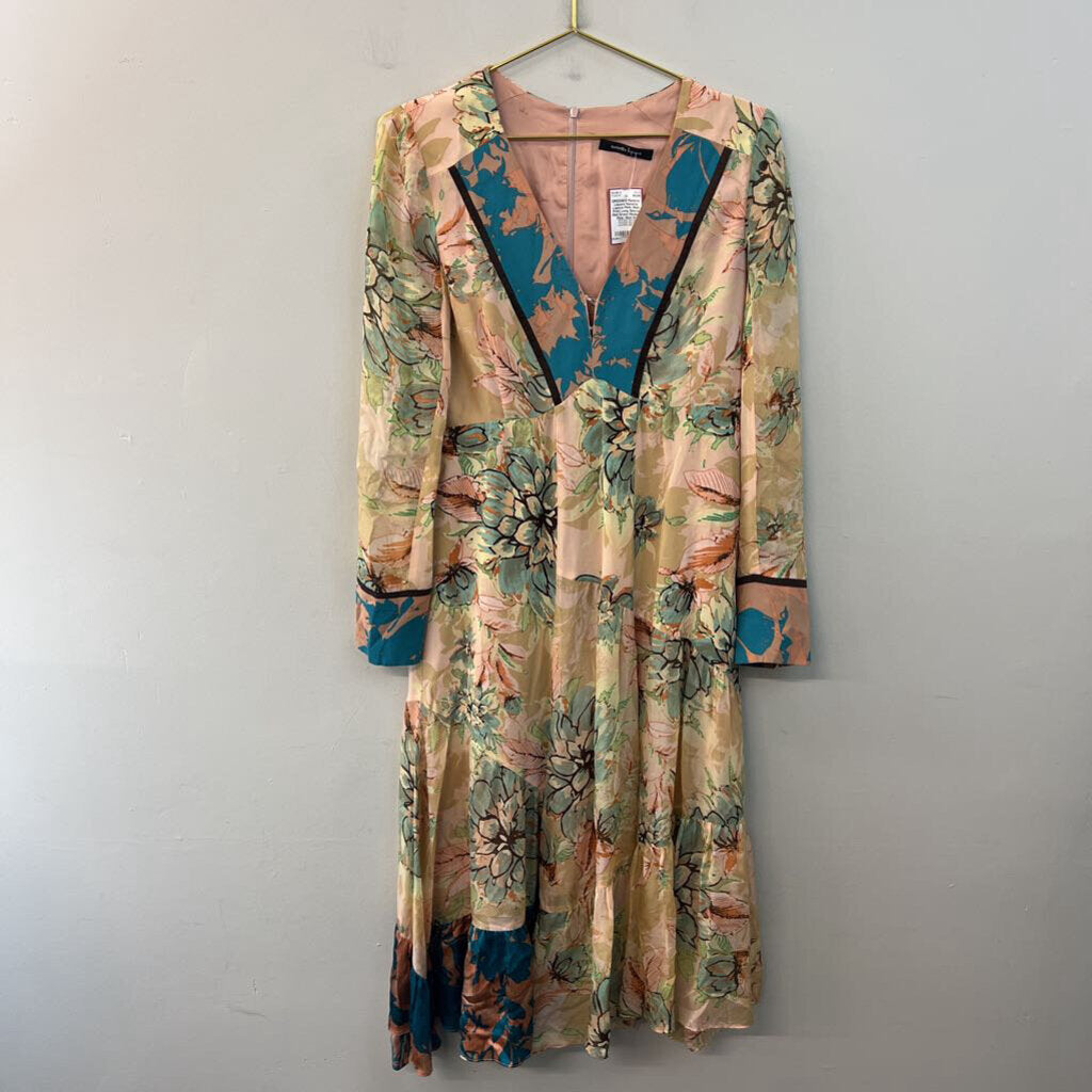 Nanette Lepore Pink/ Multi Print Long Sleeve Midi Dress Medium